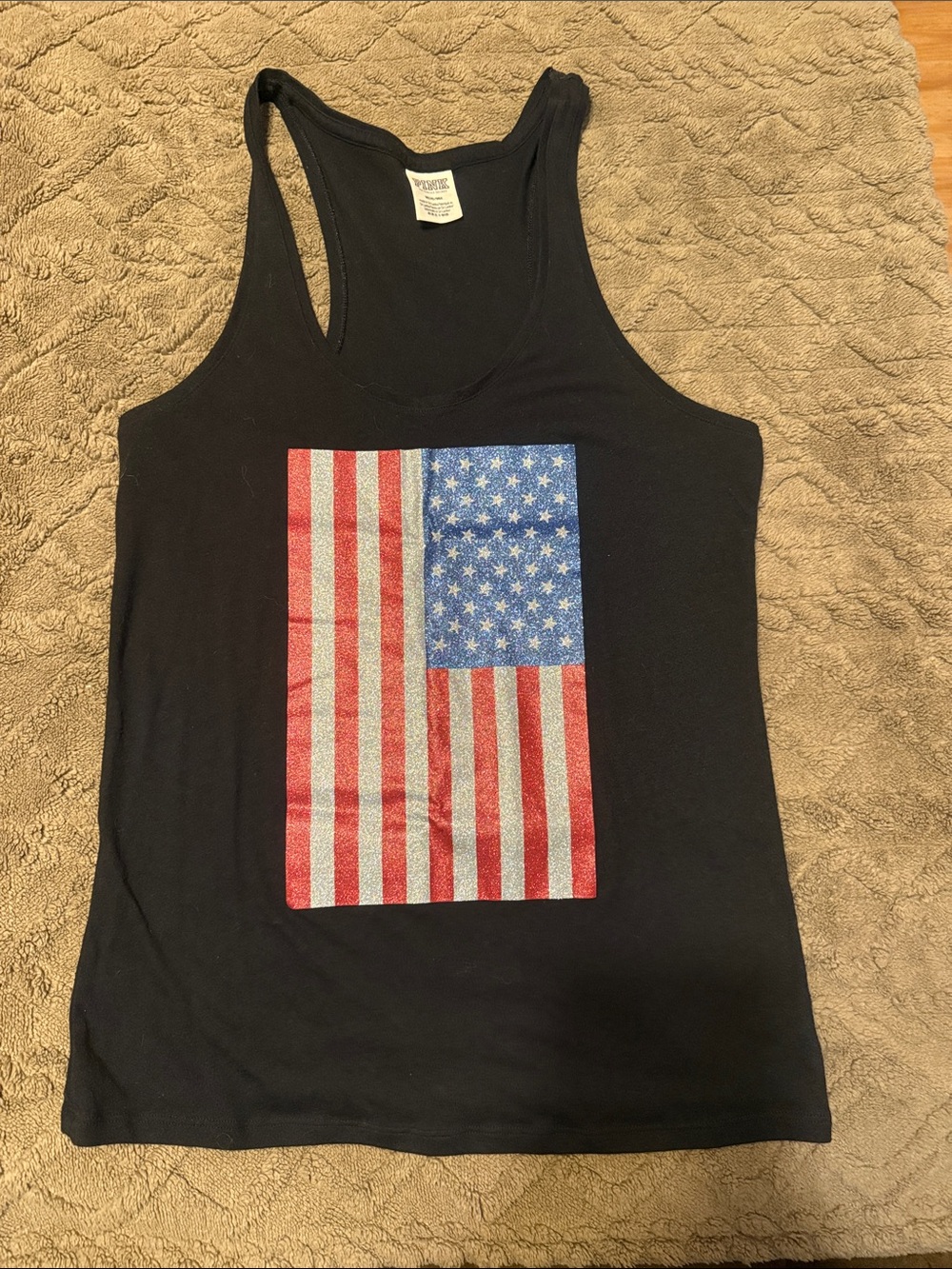 PINK Victoria's Secret Black Racerback Tank with Glitter American Flag